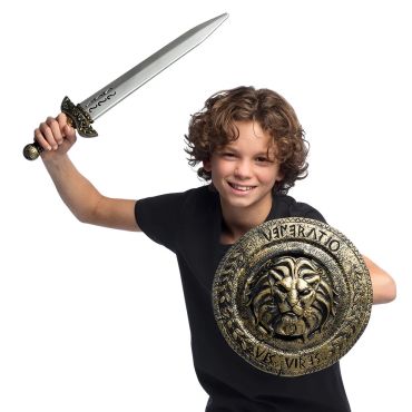 Ensemble bouclier tête de lion dorée et épée de gladiateur romain pour enfant | jourdefete.com Ensemble bouclier tête de lion dorée et épée de gladiateur romain pour enfant | jourdefete.com