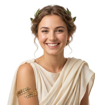 Femme souriante portant un bracelet de bras doré en forme de feuilles de laurier pour déguisement de romaine | jourdefete.com Femme souriante portant un bracelet de bras doré en forme de feuilles de laurier pour déguisement de romaine | jourdefete.com