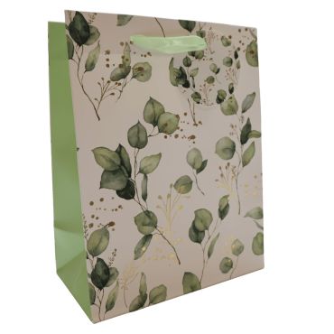 Sac cadeau motif eucalyptus vert et or avec poignées en ruban satin – format 18x23x10 cm | jourdefete.com