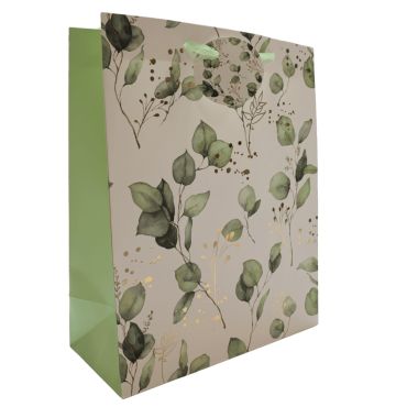 Sac cadeau motif eucalyptus vert et or avec poignées en ruban satin | jourdefete.com Sac cadeau motif eucalyptus vert et or avec poignées en ruban satin | jourdefete.com