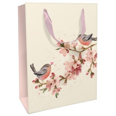 Sac cadeau Cherry Blossom Love grand format fleurs et oiseaux 26 x 36 x 13 cm | jourdefete.com