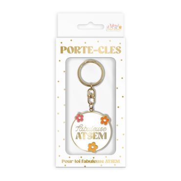 Porte-clés rond avec message "Fabuleuse ATSEM" et fleurs colorées | jourdefete.com Porte-clés rond avec message "Fabuleuse ATSEM" et fleurs colorées | jourdefete.com