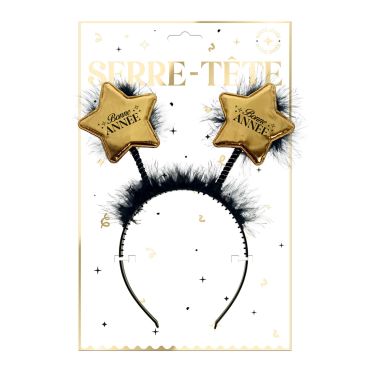 Serre-tête de fête avec étoiles dorées Bonne Année montées sur ressorts et plumes noires | jourdefete.com