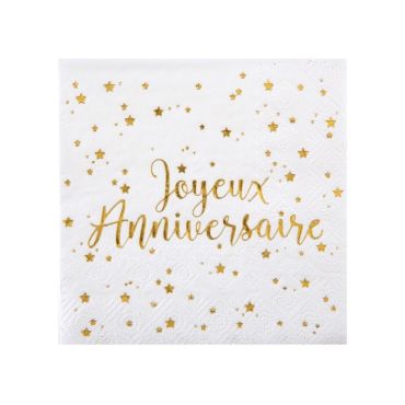 20 Serviettes "Joyeux Anniversaire" - Blanc / Or 20 Serviettes "Joyeux Anniversaire" - Blanc / Or