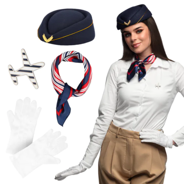 Set d'accessoires de déguisement d'hôtesse de l'air avec calot foulard gants et broche | jourdefete.com Set d'accessoires de déguisement d'hôtesse de l'air avec calot foulard gants et broche | jourdefete.com