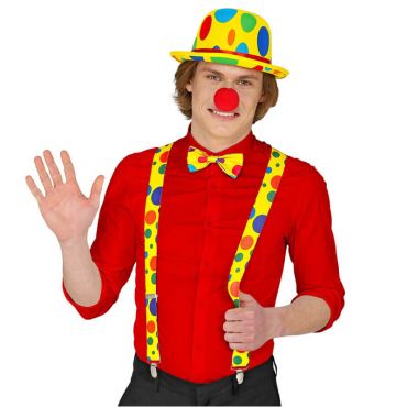 Un superbe kit d'accessoires de clown pour adulte comprenant des bretelles, un nez rouge et un nœud papillon | jourdefete.com