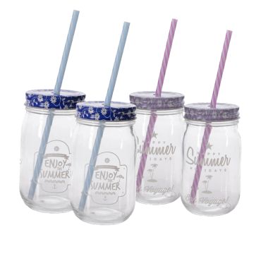 Set de 4 pots en verre avec couvercle et paille - Violet et bleu Set de 4 pots en verre avec couvercle et paille - Violet et bleu