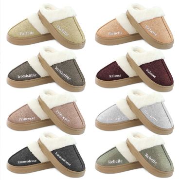 Chaussons femme dorés à paillettes avec message et fausse fourrure blanche | jourdefete.com Chaussons femme dorés à paillettes avec message et fausse fourrure blanche | jourdefete.com