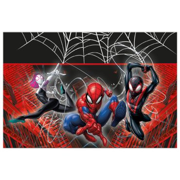 Nappe Spider-Man, Miles Morales et Ghost-Spider sur fond rouge et noir | jourdefete.com Nappe Spider-Man, Miles Morales et Ghost-Spider sur fond rouge et noir | jourdefete.com