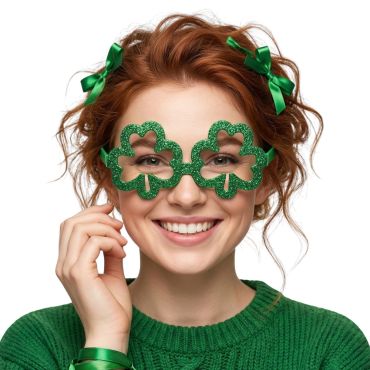 Femme souriante portant des lunettes fantaisie scintillantes en forme de trèfles verts pour la Saint-Patrick | jourdefete.com Femme souriante portant des lunettes fantaisie scintillantes en forme de trèfles verts pour la Saint-Patrick | jourdefete.com
