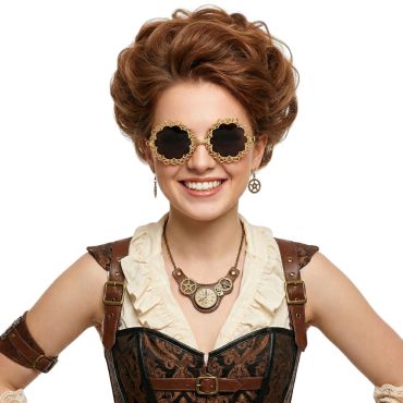 Personne souriante portant des lunettes steampunk dorées en forme d'engrenages avec un costume victorien marron et blanc | jourdefete.com Personne souriante portant des lunettes steampunk dorées en forme d'engrenages avec un costume victorien marron et blanc | jourdefete.com