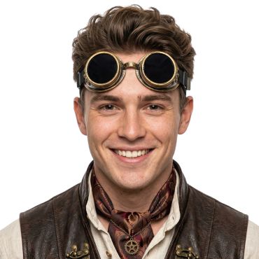 Homme souriant portant des lunettes steampunk avec verres noirs et monture cuivrée sur le front | jourdefete.com Homme souriant portant des lunettes steampunk avec verres noirs et monture cuivrée sur le front | jourdefete.com