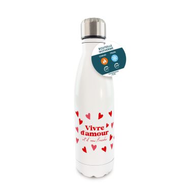 Gourde isotherme blanche Saint-Valentin avec cœurs rouges et message Vivre d’amour | jourdefete.com