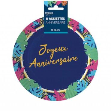 Assiettes anniversaire tropicales avec feuilles exotiques et inscription « Joyeux Anniversaire » | jourdefete.com Assiettes anniversaire tropicales avec feuilles exotiques et inscription « Joyeux Anniversaire » | jourdefete.com