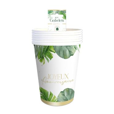Gobelets "Joyeux Anniversaire" aux motifs tropicaux | jourdefete.com Gobelets "Joyeux Anniversaire" aux motifs tropicaux | jourdefete.com