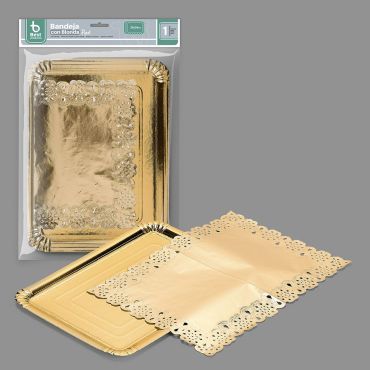 Plateau doré avec dentelle rectangulaire 34 x 25 cm | jourdefete.com