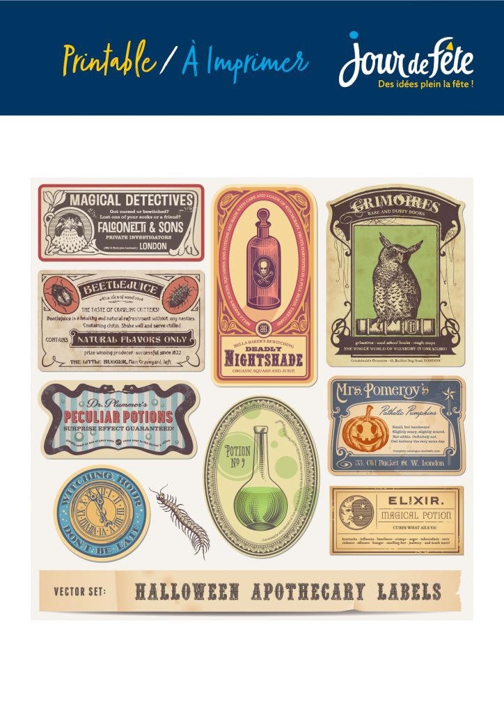 Etiquettes de bouteilles vintage pour halloween à imprimer
